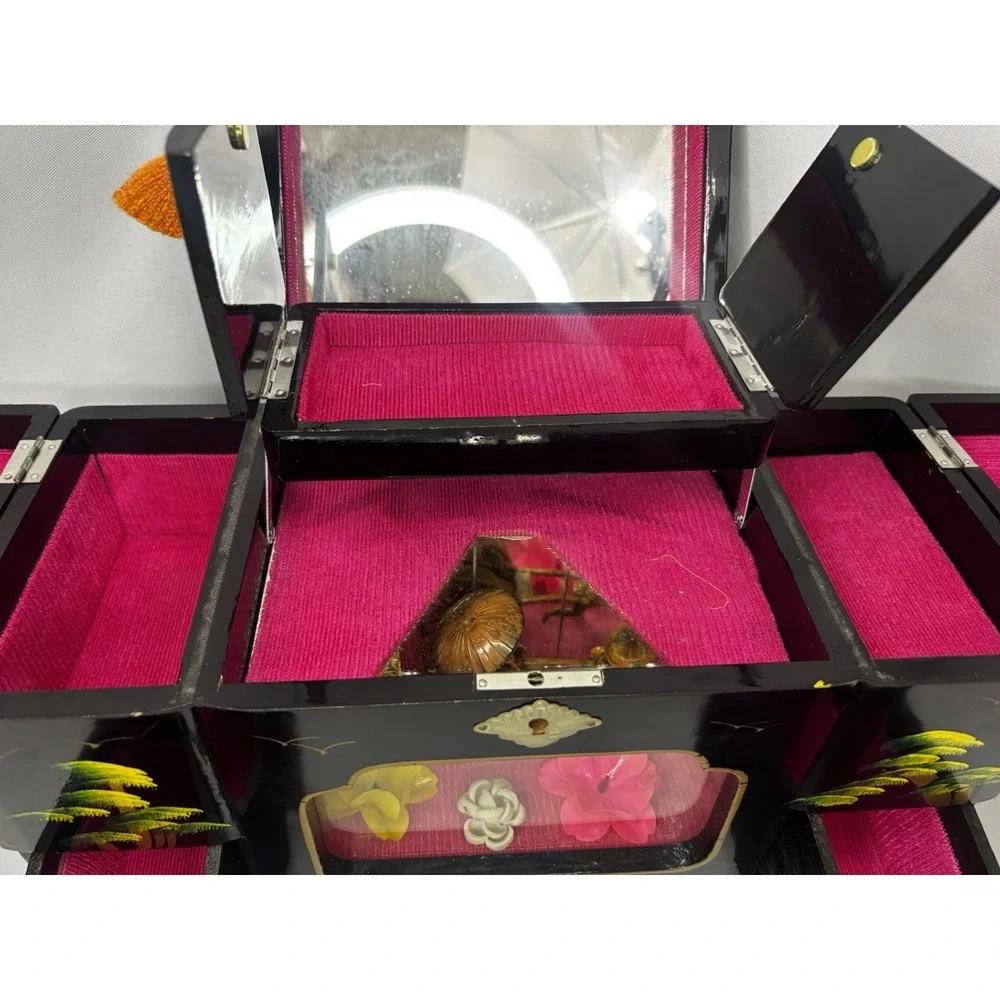 Vintage Japanese Black Lacquer Musical Jewelry Box- Window Diorama